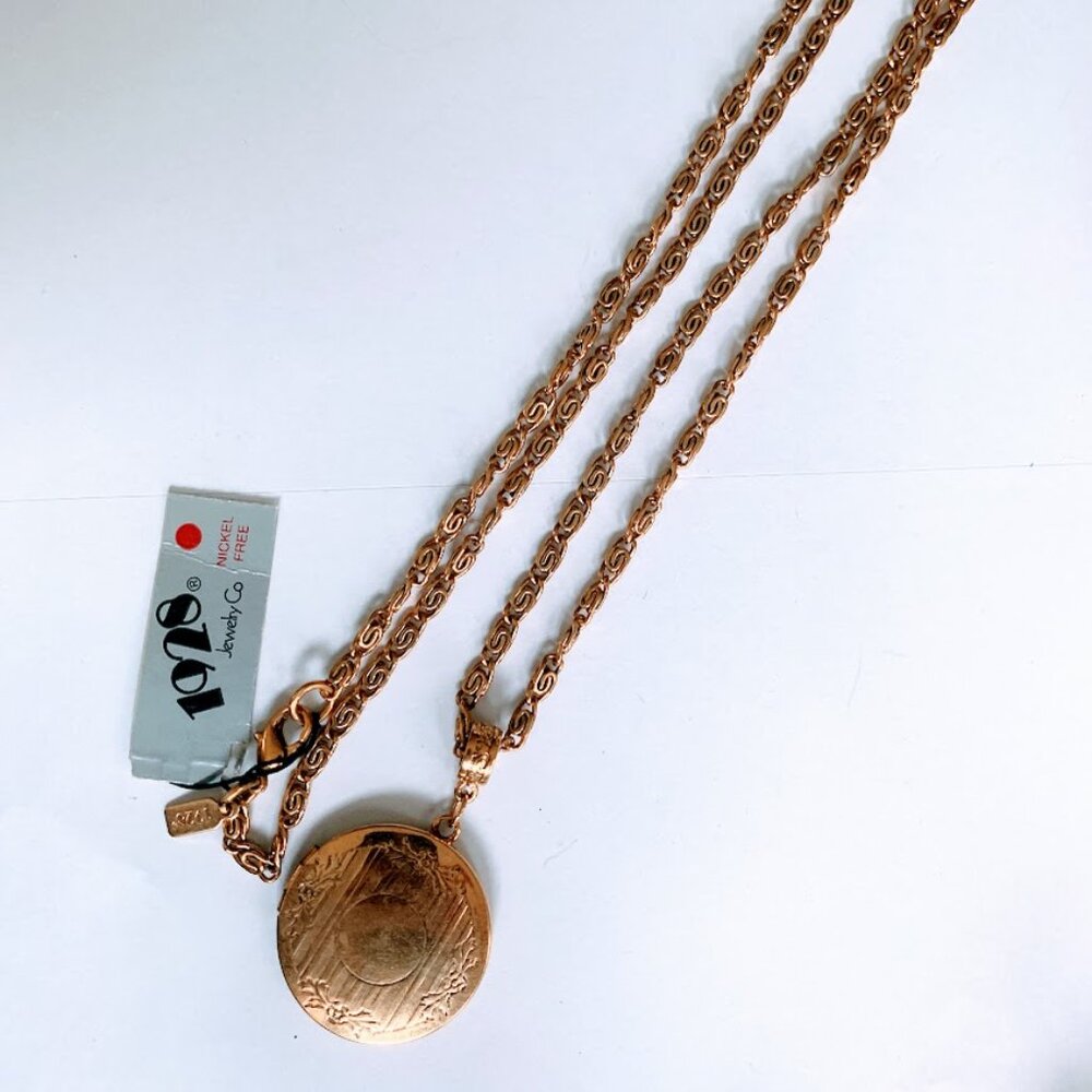 NWT Vintage 1928 Jewelry Gold Locket Necklace Long 30" Etched Floral Victorian